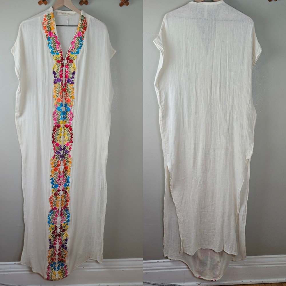 Jen's Pirate Booty Gauze Embroidered Kaftan Sz XS/S Ivory Multi Maxi Dress - Picture 9 of 12